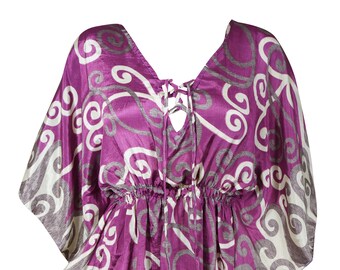 Women Recycle Sari Kaftan, Maternity Dresses, Beach Cover Up, Caftan Dress, Purple Gray Printed Resort Wear, Caftan Dresses L-2XL One Size