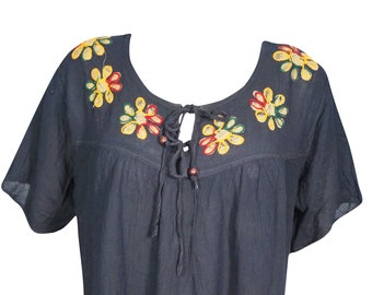 Black Red Boho Tunic Top, Short Sleeves, Summer, Beach, Loose Blouse, Floral Embroidered Blouse 2XL