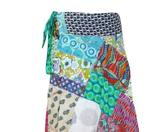 Womens Cotton Wrap Skirt, Patchwork Green Red Print Beach Bikini Cover Up Resort Wear Sarong Fashion Ethnic Wrap Around Skirts one Size