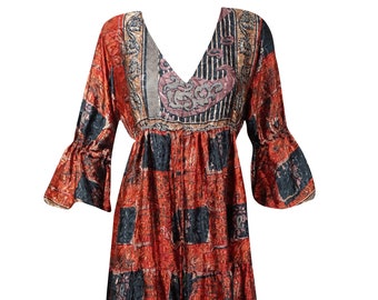 Women Beach Maxi Dress, Orange Black Long Loose Sleeves Dress, Recycle Sari Floral Printed Tiered Dresses S/M