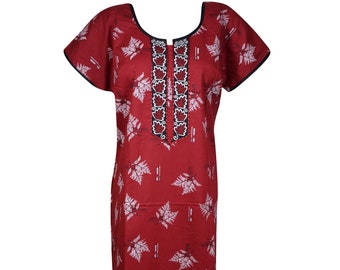 Womens Nightwear Maxi Dress cotton Red Printed Sleepwear House Dress Holiday Boho nightgown, Caftan Dress, L
