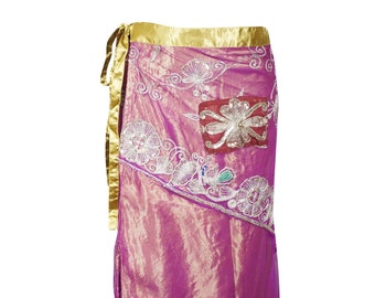 Womens Long Wrap Skirt, Beaded Pink Gold Georgette Recycle Silk Wrap Skirt, Embroidered Wrap Around Skirts One size