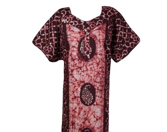 Womens Cotton Nightgown Maxi Dress, Kaftan, Maroon White Batik Printed Cotton Sleepwear Maxi Caftan Resort Dress XL
