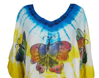 Womens tie dye caftan, Yellow White Butterfly Print blouse, coverup beach boho Loose Top Summer Fashion Bohemian hippy gypsy Blouse one size