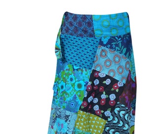 Womens Cotton Wrap Skirt, Patchwork Blue Print Beach Bikini Cover Up Resort Wear Sarong Summer Fashion Ethnic Wrap Around Skirts