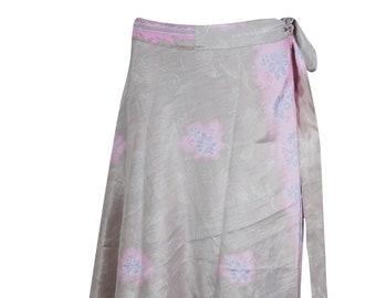 Womens Sari Wrap Skirt, Gray Printed 2 Layer Summer Beach Wear Cover Up Long Magic Sarong skirts One Size
