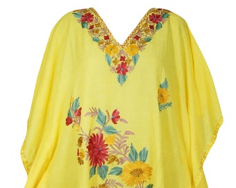 Women Caftan Dress, Sunflower Yellow Embroidery Caftan Dress, Kimono Caftan, Cotton Cover up, Kaftan, Resort Wear, Mid Length Dresses M-2X