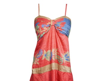 Womens Floral Dress, Red Blue Layered Spaghetti Strap Beach Dress, Boho chic Recycled Sari Printed Sundress SM