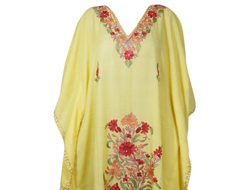 Womens Maxi Caftan Dress, Floral Lemon Yellow Caftan, Embroidered dress, To be Moms, Beach cover up, Sleepwear, Cotton Long Kaftan L-3X