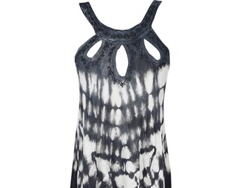 Womens Tank Dress, Loose Fit and Flare Swing Sleeveless Cut Out Neck Style, Black White Tie Dye Dress,  Sexy Summer Fashion Dresses S/M