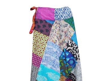Womens Cotton Wrap Skirt in Mixed Blue Floral Patchwork, Long Length Hippie Skirts, Boho Beach Wrap Around Skirt One Size