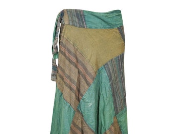 Womens Wrap Maxi Skirt, Meadow Green Stripes Patchwork Cotton Wrap Around, All Season Travel Skirt, Hippie Boho Style, One size