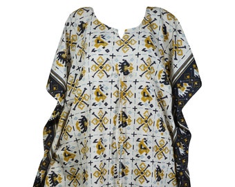 Womens Beach Kaftan Dress, Recycle Silk, White Printed Caftan, Beach Maxi Cover up, Lounger, Flowy Cruise Maxidress L-2XL One size