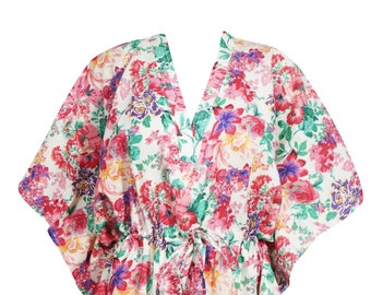 Womens Bohemian Printed Short Kaftan Dress, Tunic White Pink Cotton Kaftan Dress Cover Up LOOSE FREE style Beach Caftan One size L-3XL