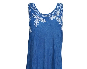 Womens Sundress, Housedress, Summer Blue Embroidered Bohemian Sleeveless Flared Tank Dress L
