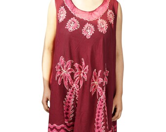 Womens Embroidered Maroon Pink DRess, Summer Loose Cover Up Sleeveless Housedress Sundress L