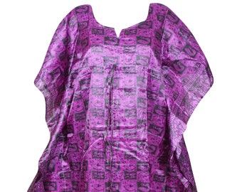 Womens Maxi Beach Kaftan Dress, Recycle sari Purple Black Elephant Printed Caftan, Bikini Cover up loose Dress L-XL One size