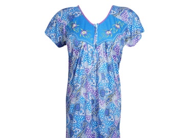 Women's Nighty Maxi Dress Blue Printed Night Wear Caftan Dresses M