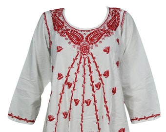 Womens White Tunic Dress, Kaftan, Caftan, Each Tunic, Cotton Floral Embroidered Long Dresses M