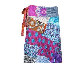 Womens Wrap Skirt, Bohemian Gypsychic Wrap Skirt, Blue Purple Patchwork Printed Cotton Cover Up Summer Skirts One size