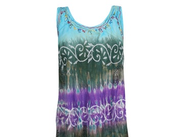 Woman Boho Midi Dresses, Blue Purple Tie Dye Dresses, Embroidered Sleeveless Loose Beach Dresses L