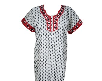 Women Maxi Kaftan Dress, White Printed Lounge dress, Caftan, Sleepwear, Nightwear, Resort Wear, Housedress L