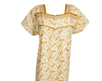 Womens Cotton Maxi Dress, Boho Resort Wear Summer Dress, Yellow Floral Printed Cotton Lounger Dress, Sleepwear Evening Dresses L