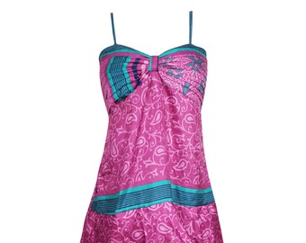 Womens Floral Dress, Pink Green Recycled Sari Silk Printed Sundress, Layered Spaghetti Strap Beach Dresses SM