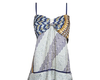 Womens Strap Sundress, Ivory Blue Recycled Silk Dress, Spaghetti Strap, Boho Hippy Stylish Summer Travel Dress S/M