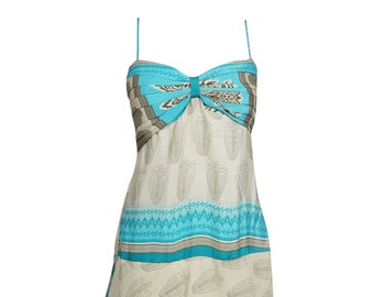 Womens Boho Beach Dress, Off White Blue Printed Recycled Sari Dresses, Ruffled Boho Spaghetti Strap Dress SM
