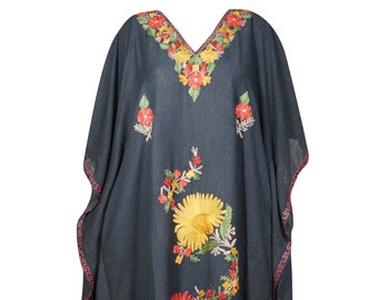 Womens Kimono Maxi Caftan Dress, Black Floral Hand Embroidered Resort Wear L-3XL One Size