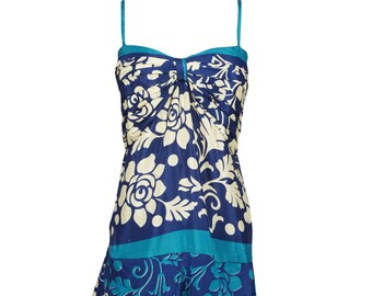 Vintage Recycled Silk Sari Long Womens Spaghetti Blue Dress Printed Saree Dress Summer Dress S/M