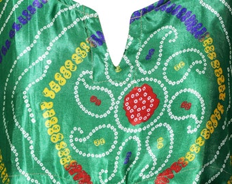 Womens Beach Caftan, Green Bandhani Print Kaftan Kimono Dresses Mid Length Handmade Clothing L-2XL, One size