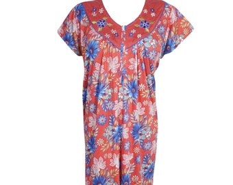 Women Maxi Dress, Nightgown, Red Blue Floral Printed Bohmian Dresses, Maternity, Nightwear, Housedress Sleepwear Kaftan L