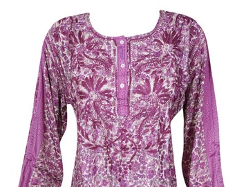 Womens Silk Tunic, Purple Paisley Printed Tunic Top, Kurta Shirt, Hand Embroidered Blouse Soft Boho Hippie Chic