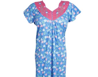 Women Wear Nighty, Blue Pink Night Dress, Lounger , Sleep Dress, Casual Nightwear Gown L