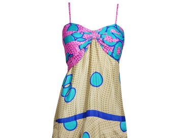 Women's Floral Dress Beige Blue Ruffled Spaghetti Strap Bohemian Recycled Silk Printed Summer Bohochic Sundress S/M