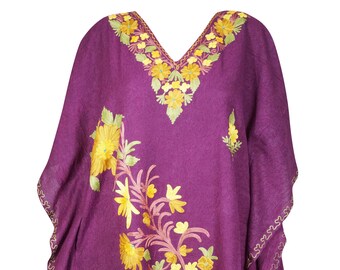 Womens Caftan Dress, Resort Wear Caftan, Summer Cotton Kaftan Loose Beach Cover Up dress, Purple Floral Embroidered Dresses one size M-2XL