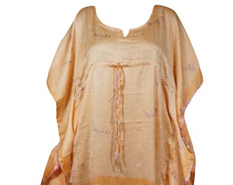 Womens Maxi Beach Kaftan Dress, Recycle sari Peach Printed Caftan, Bikini Cover up loose Dress L-XL One size