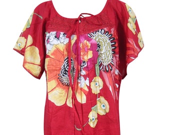 Womens Summer Gypsy Dresses, Boho Red Floral Printed Loose Vintage 70s BEACH Dress ML