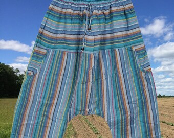 Cotton Harem Pants with Pockets, Cotton Stripe Blue Print Hippie Pants, Summer Festival Pants S/M/L