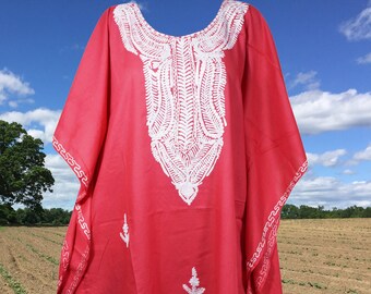 Women Kaftan Dress, Vibrant Coral Red Floral Embroidery Mid Length, Kimono Dresses, Resort Wear, Kaftan Dresses L-4XL