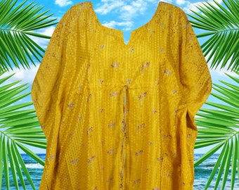 Women Silk Sari Caftan, Midi Kaftan Dress, Yellow Floral Beach Cover up, Handmade Boho Dresses SML