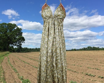 Womens Boho Strap Dress , Halter Dresses, Soft Maxi Dress, Gray Beige Floral Printed, Recycle Sari Bohemian Beach Dress S/M