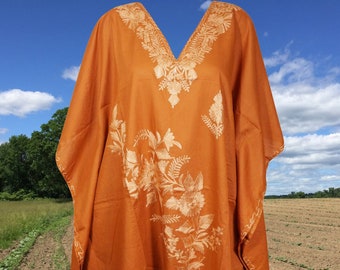 Womens Kaftan Dress, Orange Embroidered Floral Mid Calf, Loose Cotton Caftan Dress, Resort Wear L-4XL