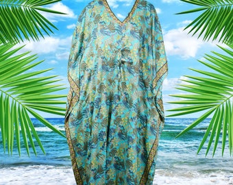 Womens Cruise Maxi Kaftan Dress, Bahama Breeze Blue Green Floral Dresses, Lounger Dress, Kimono Caftan, Gift L-4XL One Size