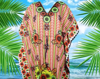 Women Long Boho Kaftan, Kimono Kaftan Dress, REd Green Floral Printed Cruise Boho Maxi Dress, Beach Kaftan, gift For Mom L-2XL