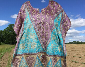 Womens Caftan Dress, Purple Blue, Boho dresses, Midi Kaftan Dress, Beach Cover Up, Kaftan Recycle Sari Lounge Wear, SML