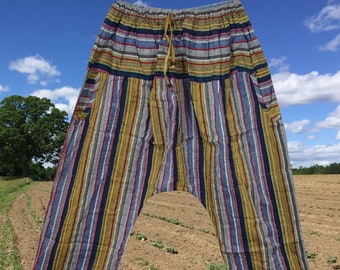 Unisex Boho Pull Up Cotton Pants, Stormy Blue Orange Woven Hippie Light Weight Lounge Pants S/M/L