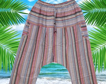 Mens Drop Crotch Stripe Pants, Unisex Hippe Pirate Pants, Blue Pink Loose Cotton Baggy Pants, Handmade Bohemian Clothing S/M/L